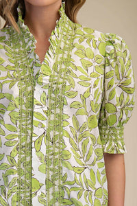 Glam - Ruffle V-neck Smocked Puff Sleeve Blouse