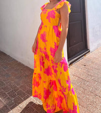 J.Nna - Floral Print Ruffle Short Sleeve Maxi Dress
