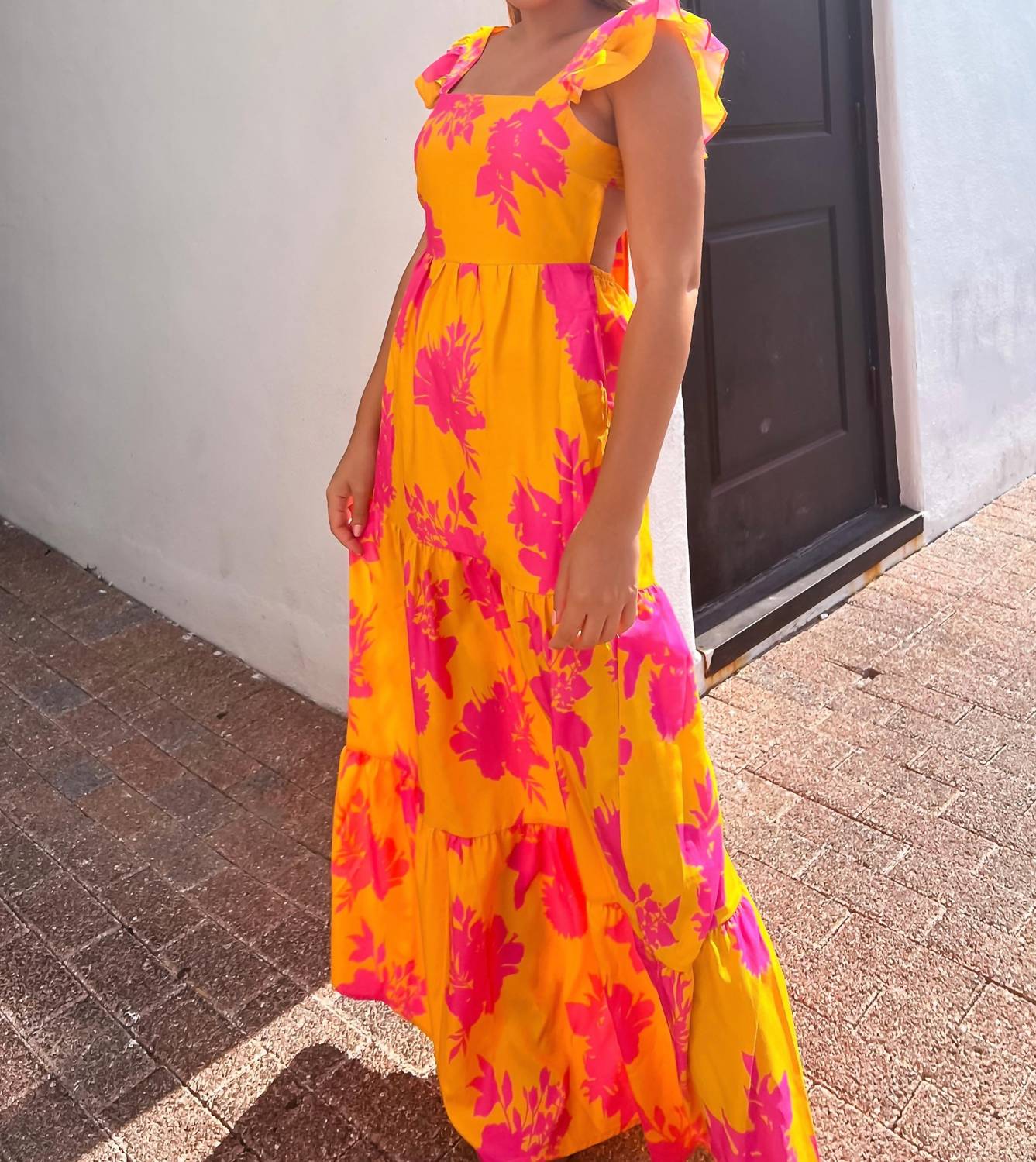 J.Nna - Floral Print Ruffle Short Sleeve Maxi Dress