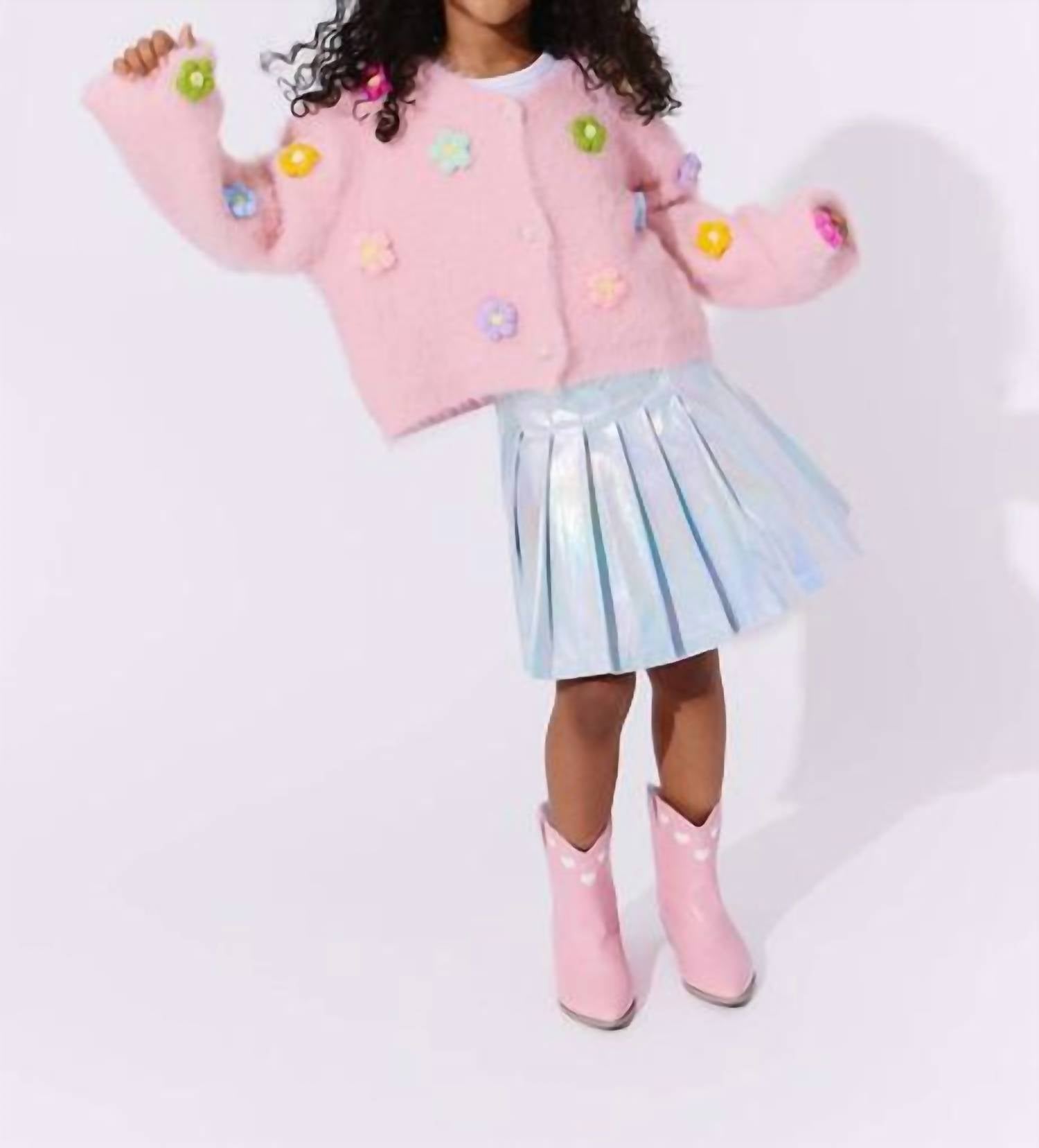 Lola + The Boys Girls' 3d Daisy Cardigan in rainbow - kids' sweater - alternate view