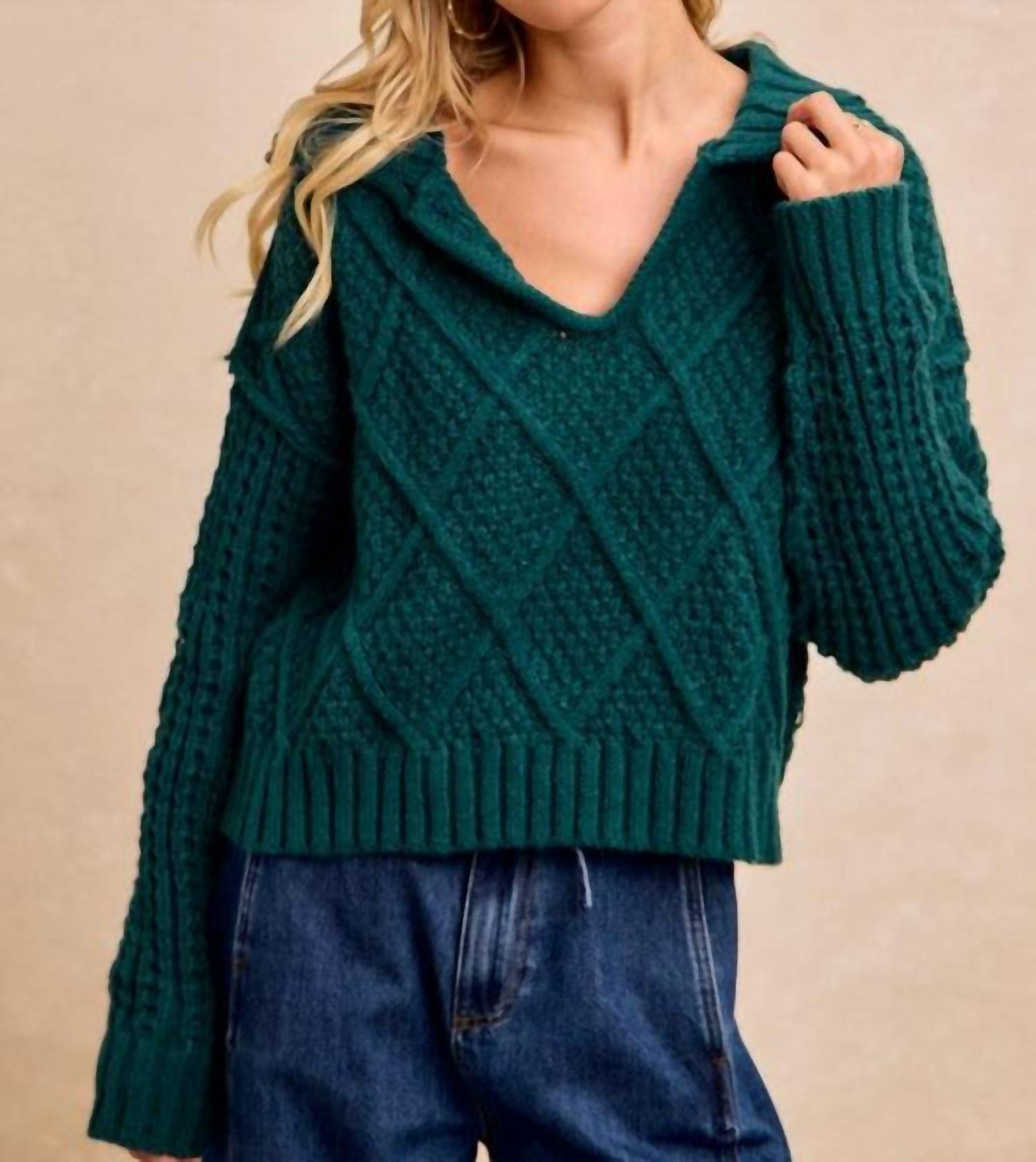 BiBi Diamond Patterned Collared Sweater Top in hunter - women's sweater