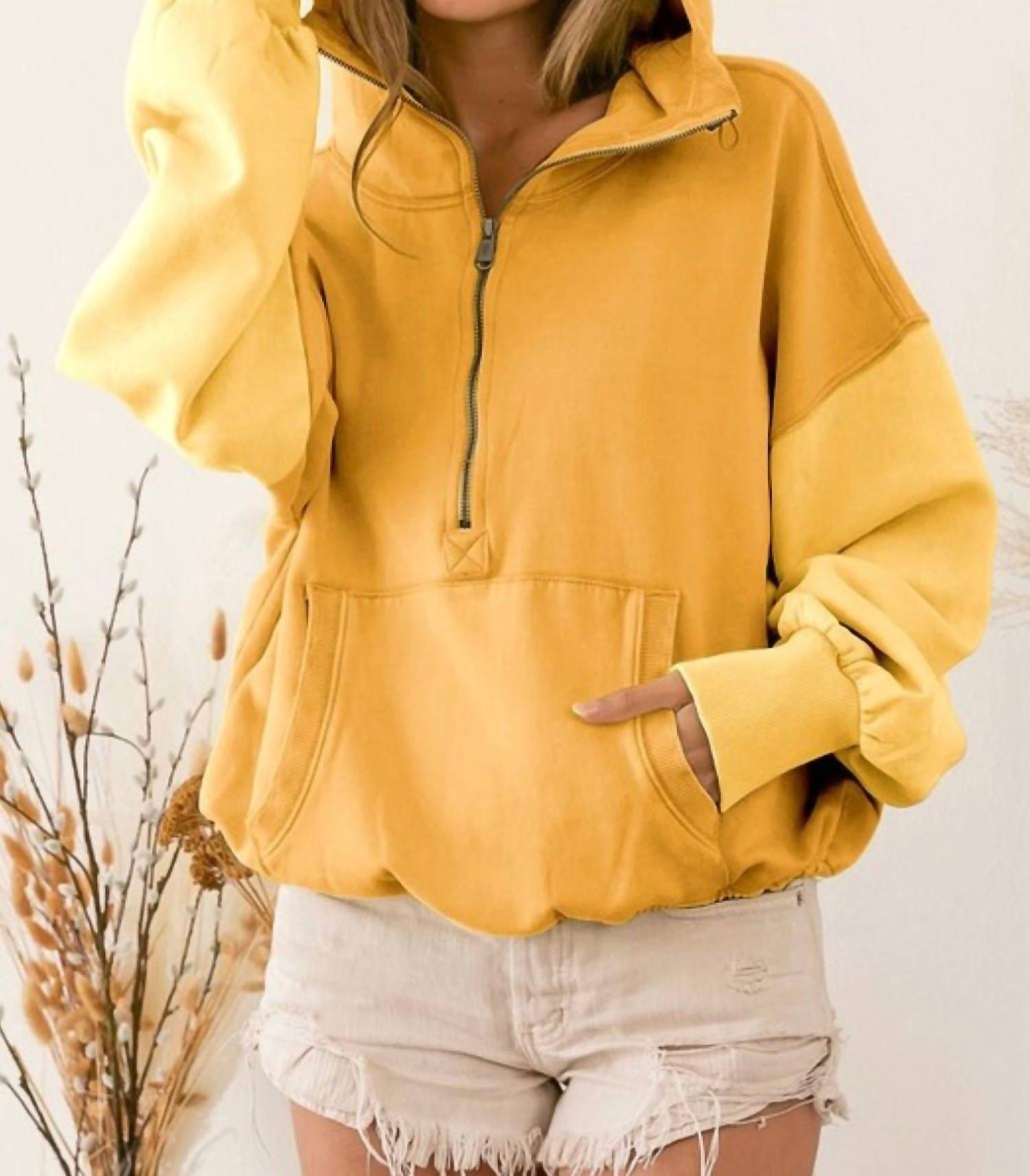 Bibi - Color Block Elastic Hem Fleece Hoodie