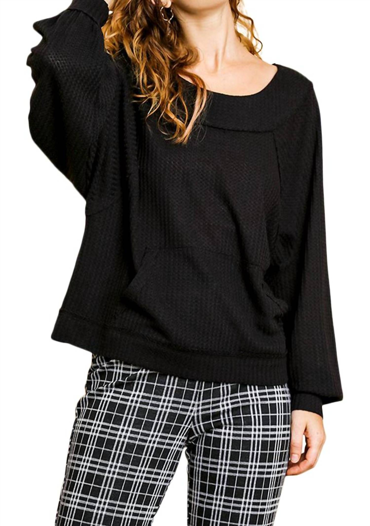 Umgee - Kangaroo Pocket Waffle Knit Top