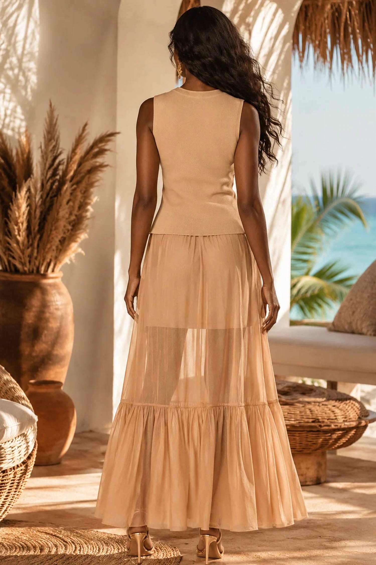 Surelymine - Sheer Maxi Skirt & Knit Vest Two-Piece Set