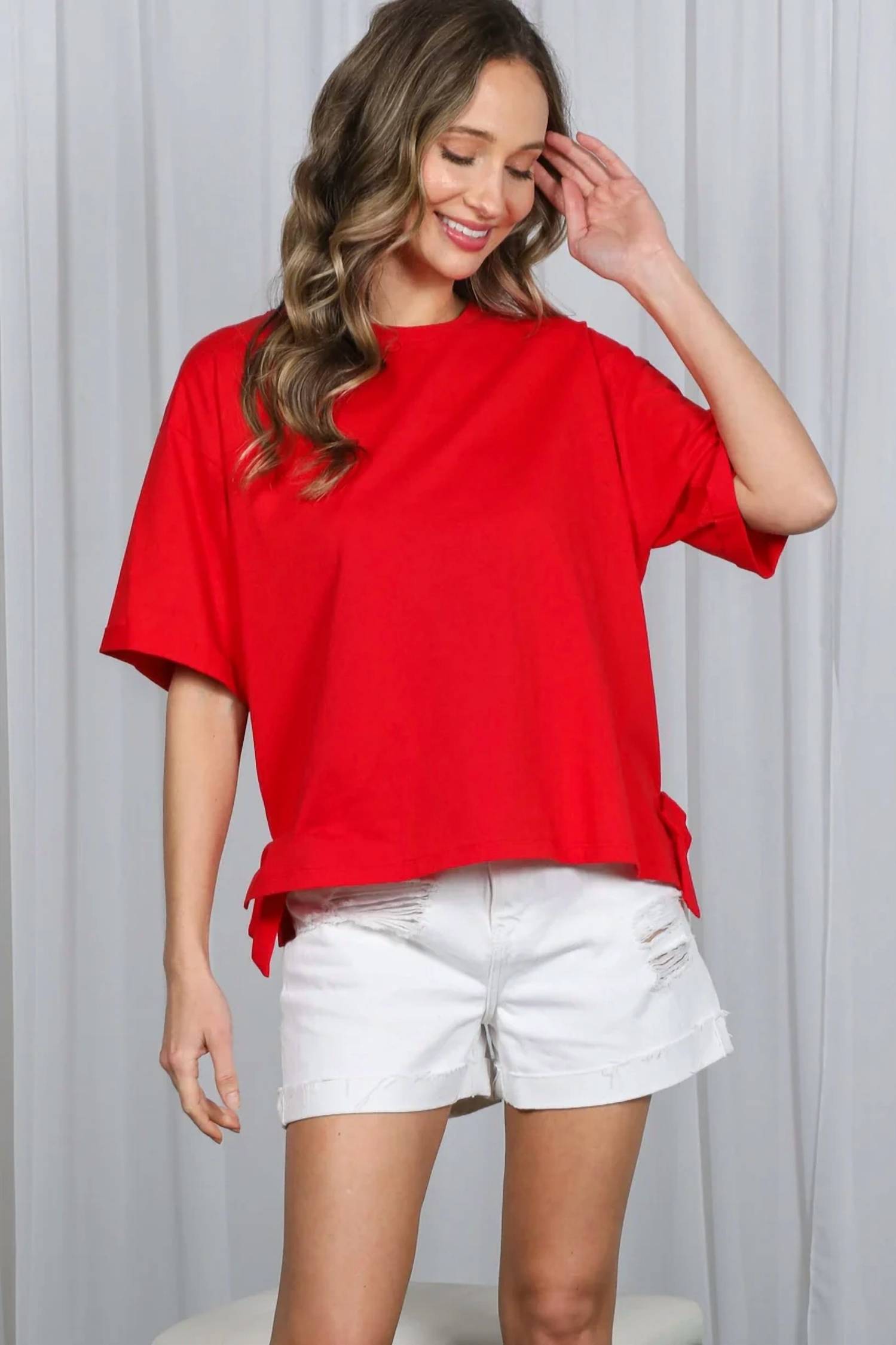 Vine & Love - Side Slit Bow Cotton Knit Top