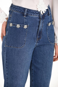 Frank Lyman Fawn Fit And Flare Jean With Jewel Embellishments in blue denim - women's jeans - alternate view