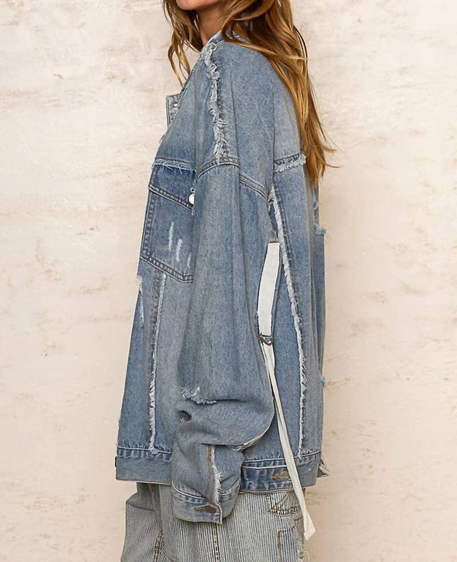 POL Remma Oversize Patch Detail Frayed Edge Jacket in light denim - women's jacket - view 5