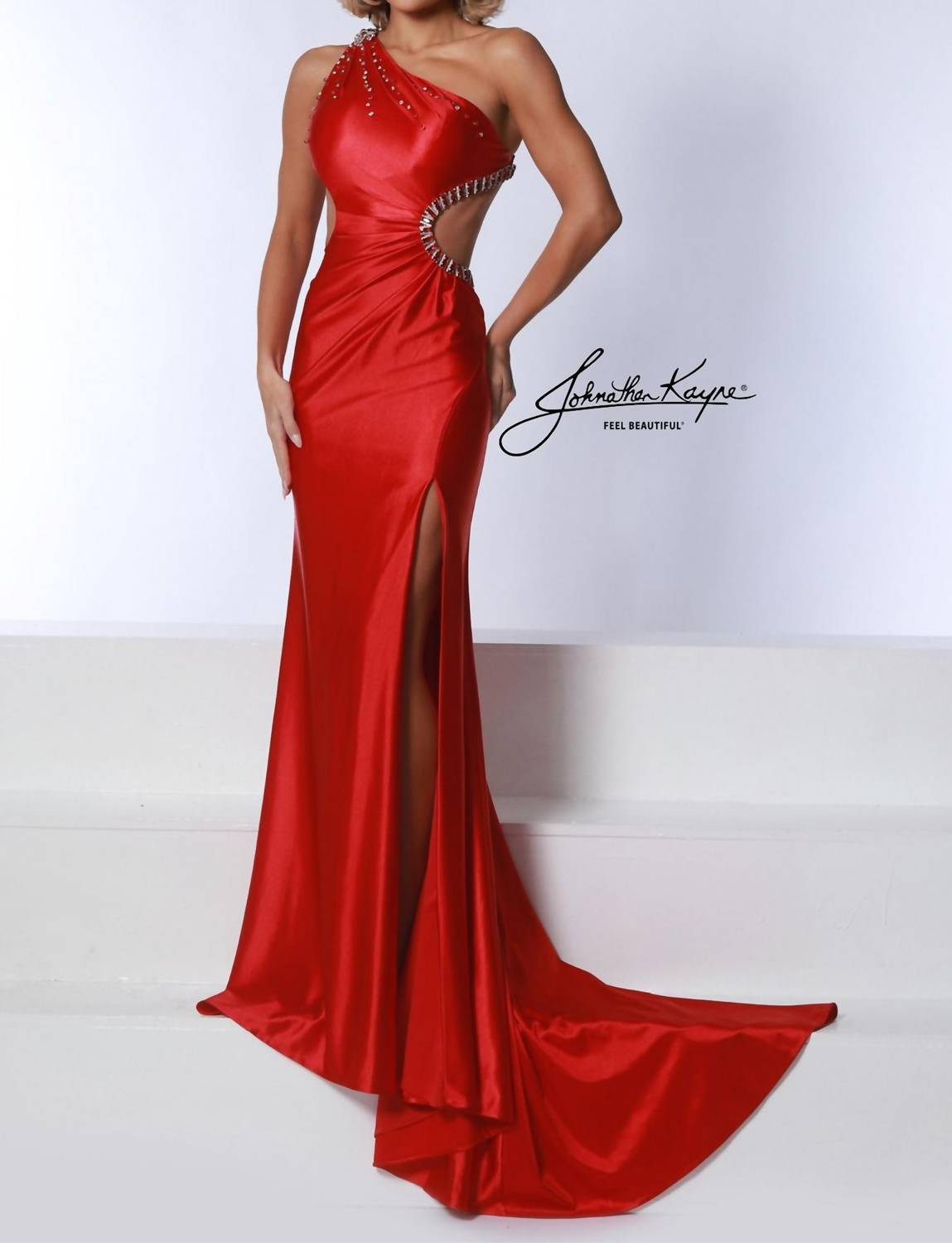 Johnathan Kayne Satin Mermaid Cutout Gown With Slit in cherry - women's dress
