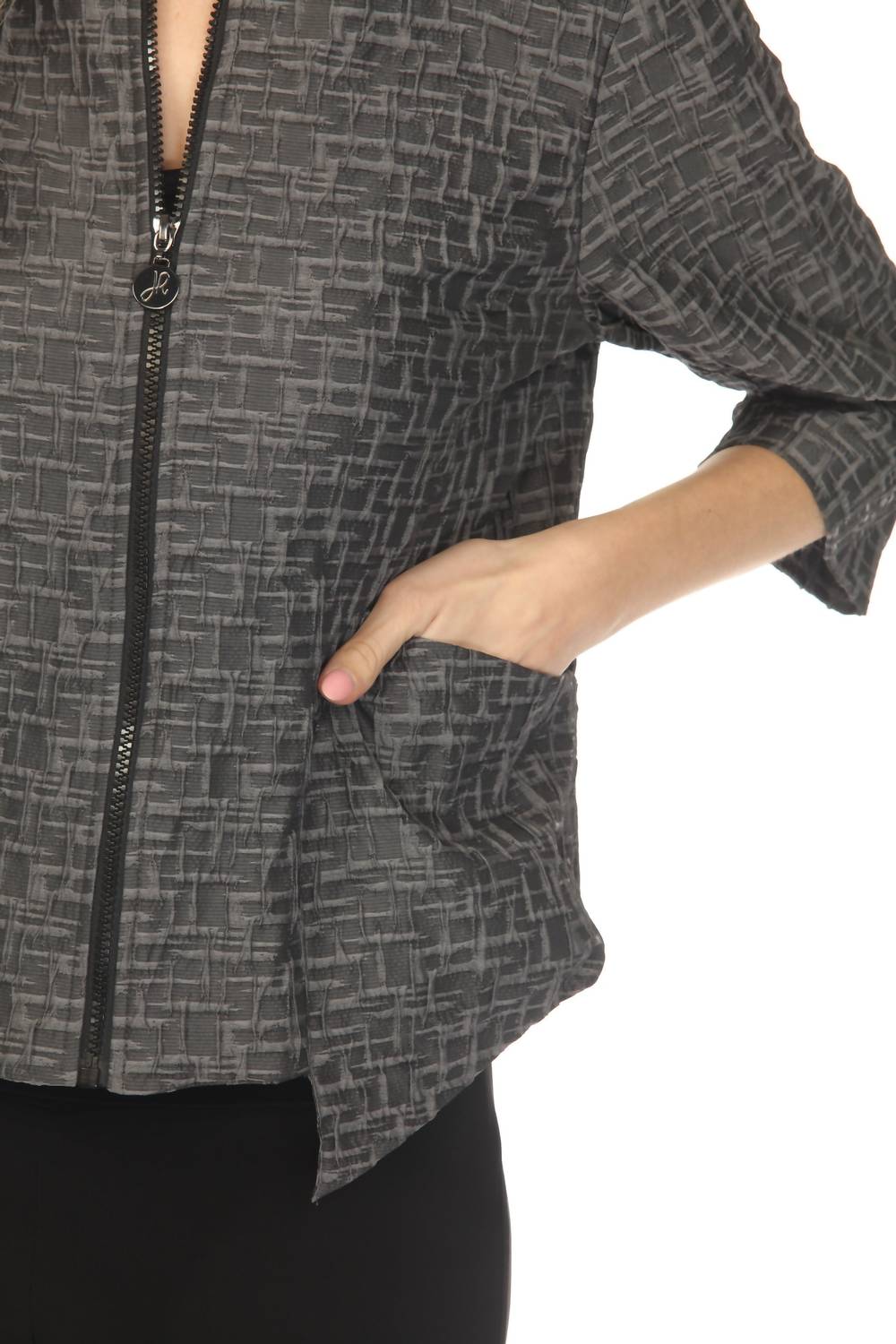 Joseph Ribkoff Textured Zip Front Three Quarter Sleeve Jacket in grey - women's jacket - view 5