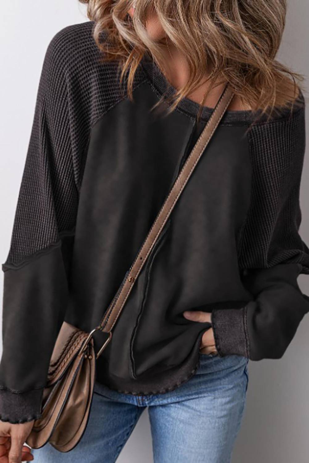 Legend Or Lies - Solid Waffle Knit Patchwork Raglan Sweatshirt