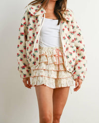 Buttermelon - Holland Floral Tie-front Fleece Jacket Coquette Peter Pan Collar Cardigan