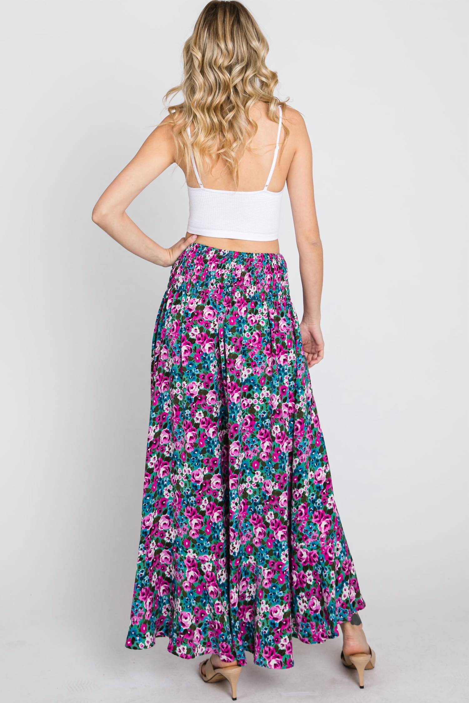 Ee:Some - Floral Maxi Skirt With Smocked Waist & Button Front