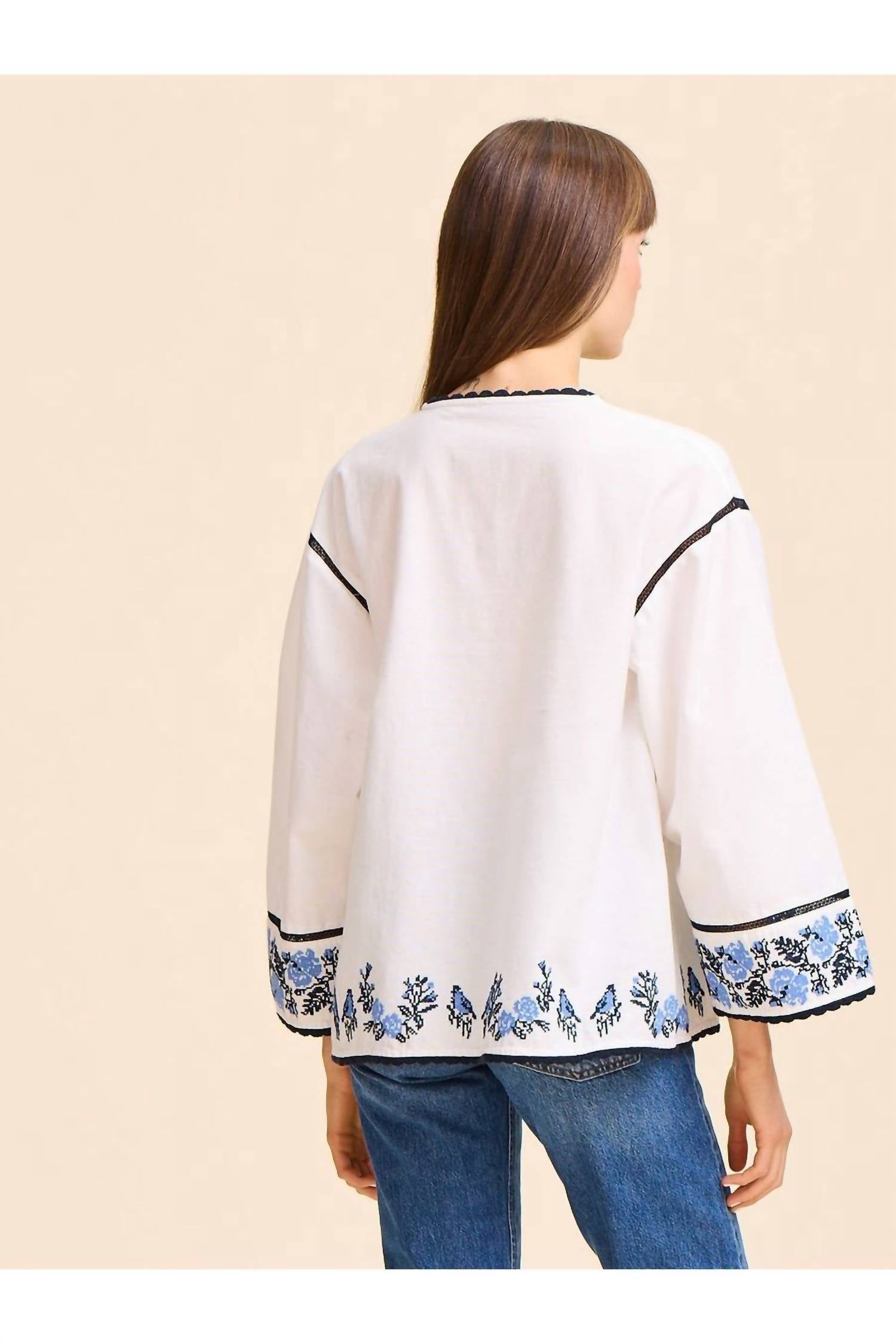 MILLE Angelica Top in santorini embroidery - women's blouse - detail view