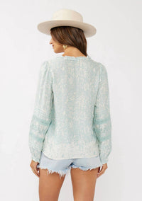Lovestitch - Women's Floral Embroidered Lace Trim Split Neck Blouse
