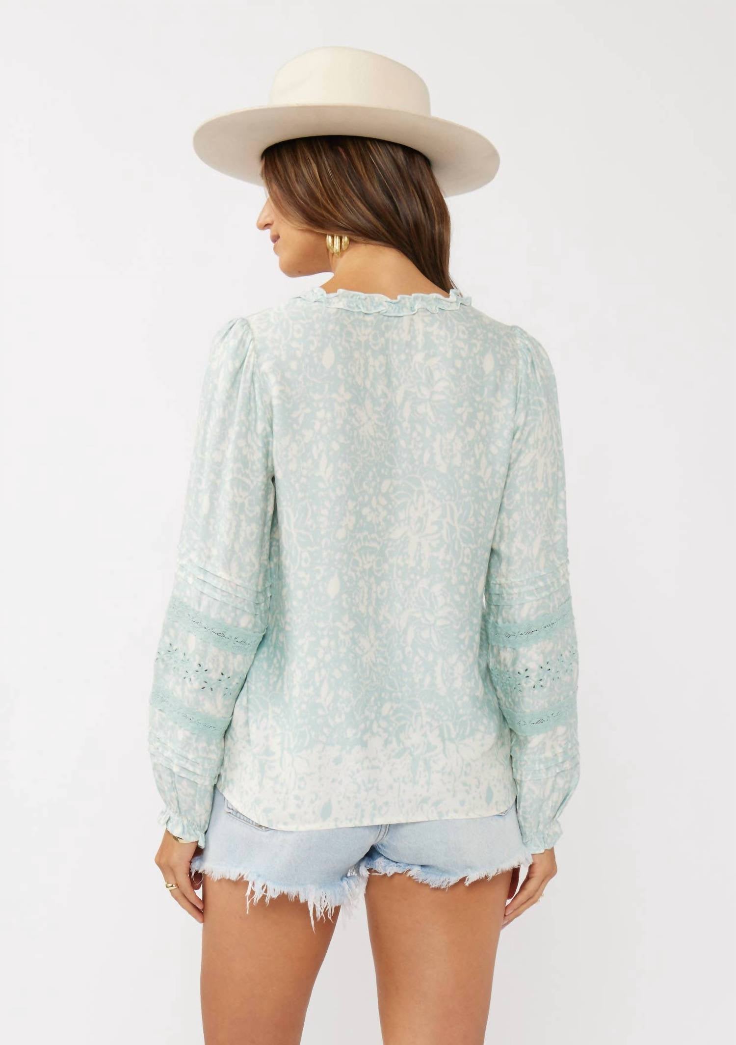 Lovestitch - Women's Floral Embroidered Lace Trim Split Neck Blouse