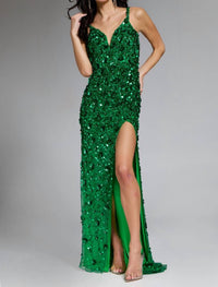 JOVANI Elegant Sequin Embellished Gown With Plunging Neckline in emerald - women's dress