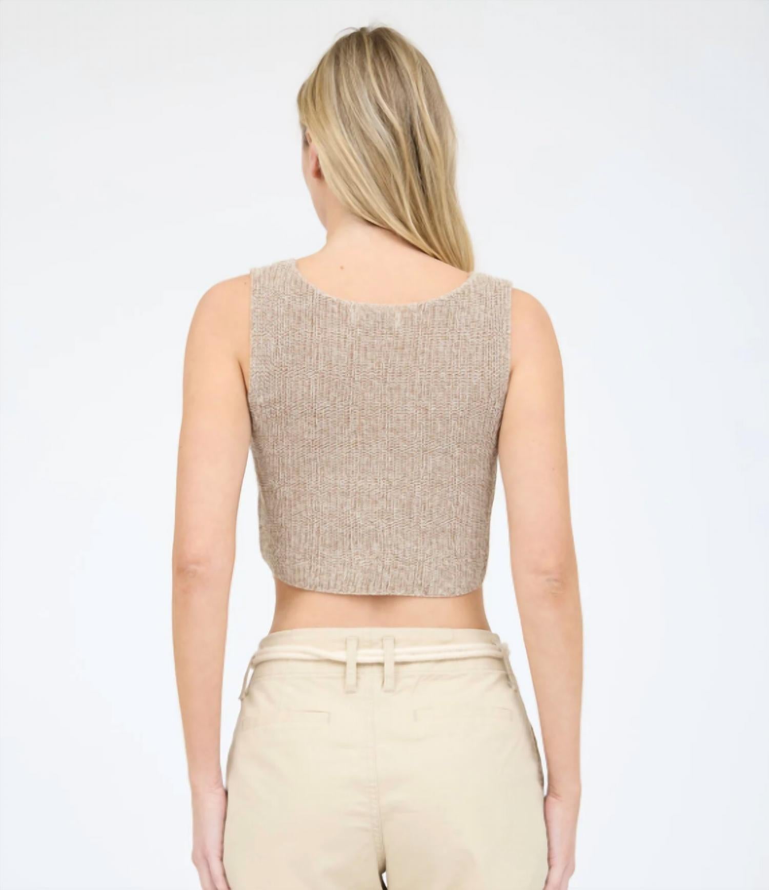 The Workshop Front Hook Cropped Knit Cardigan Vest in taupe - women's jacket - alternate view