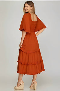 She + Sky - Bell Sleeve Square Neck Smocked Tiered Midi Dress