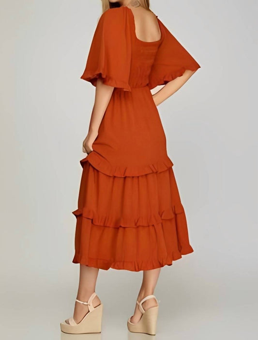 She + Sky - Bell Sleeve Square Neck Smocked Tiered Midi Dress