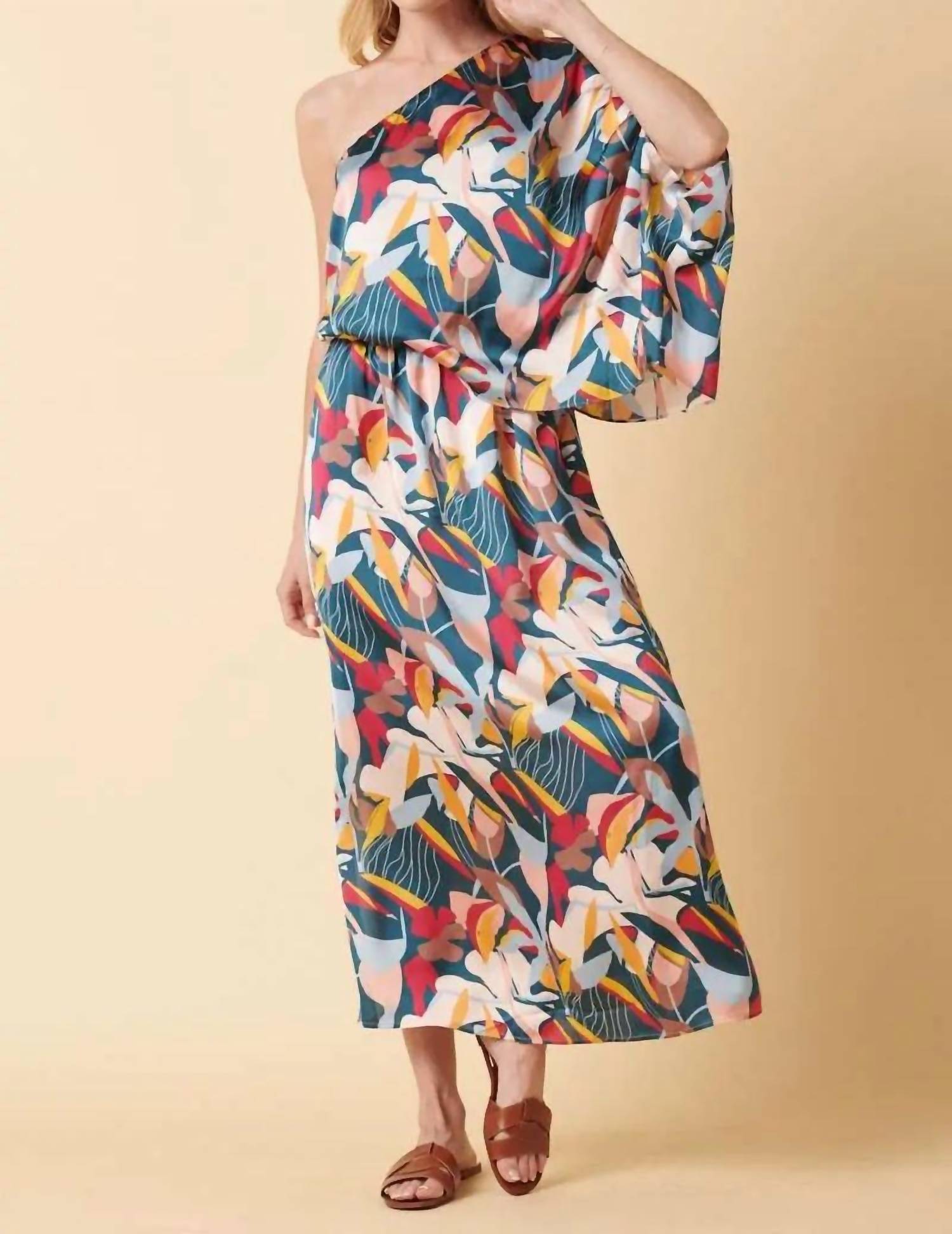 Mittoshop - Abstract Flower Print One Shoulder Maxi Dress