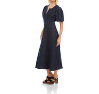 Karen Kane Puff Sleeve Midi Dress in denim - women's dress - detail view