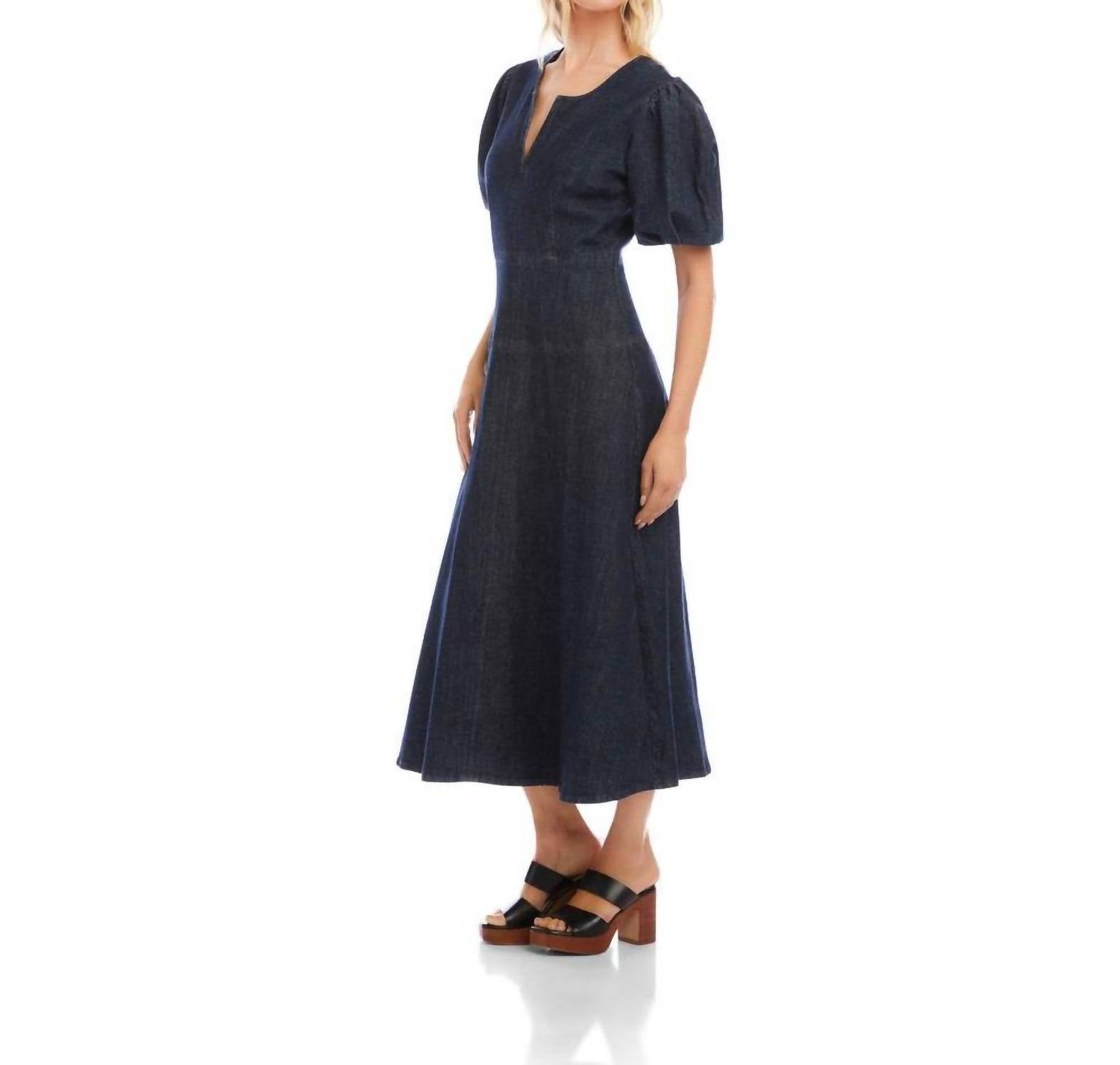 Karen Kane Puff Sleeve Midi Dress in denim - women's dress - detail view