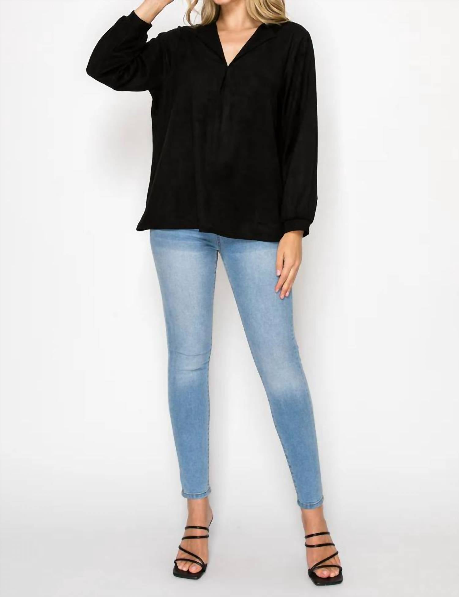 Joh long sleeve suede top in black - women's blouse - view 4