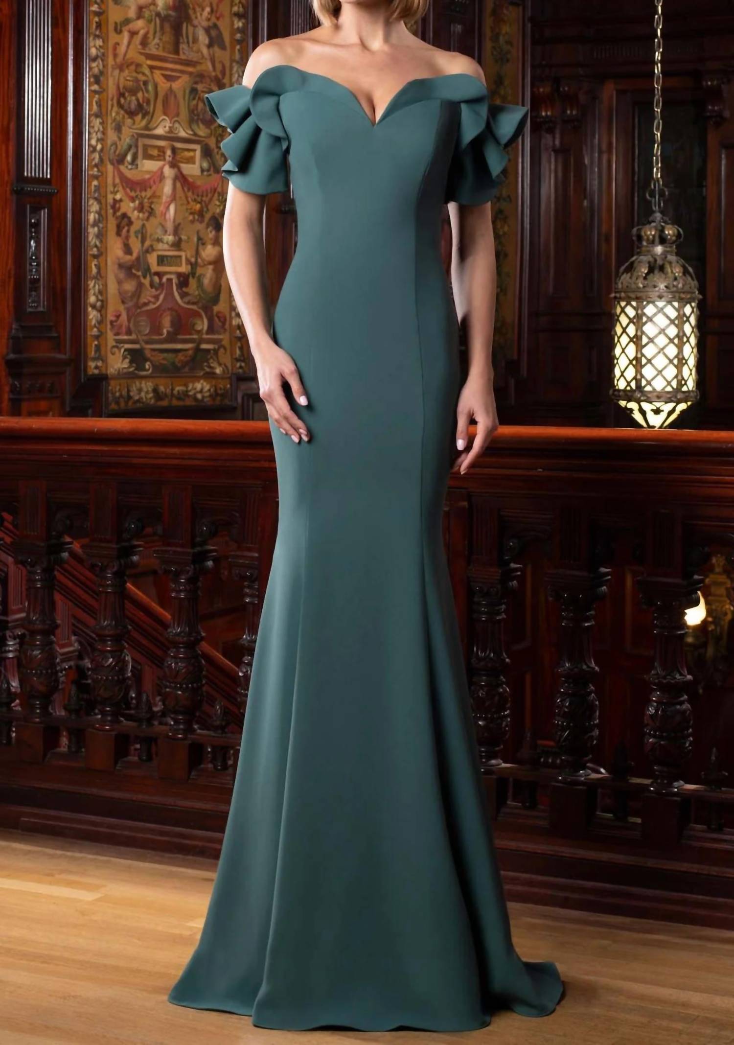 DAYMOR Off-shoulder Ruffle Sleeved Dress in spruce - women's dress