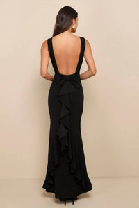 Lulus Women's Exquisite Refinement Bow Ruffled Maxi Dress in black 1 - women's dress - detail view