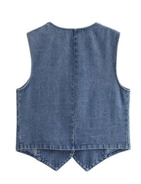 Sweetkama - Denim Solid V Neck Vest