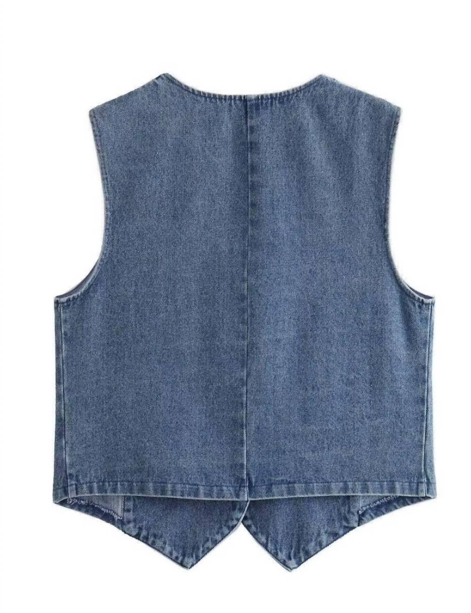 Sweetkama - Denim Solid V Neck Vest