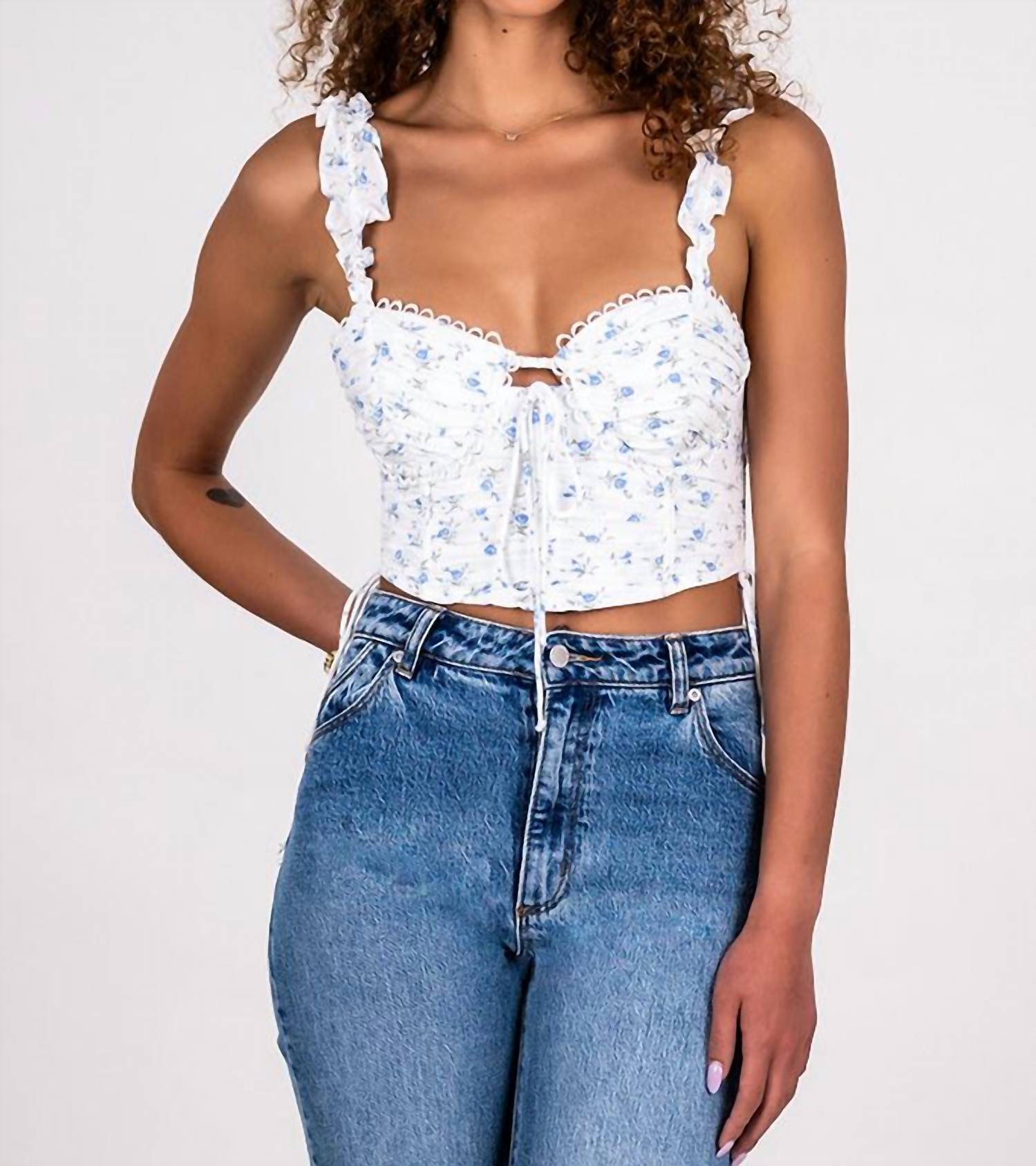 Sky to Moon Ditsy Corset Top in blue floral - women's shirt