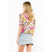 Thml - Printed V-Neck Button Stripe Cuff Top