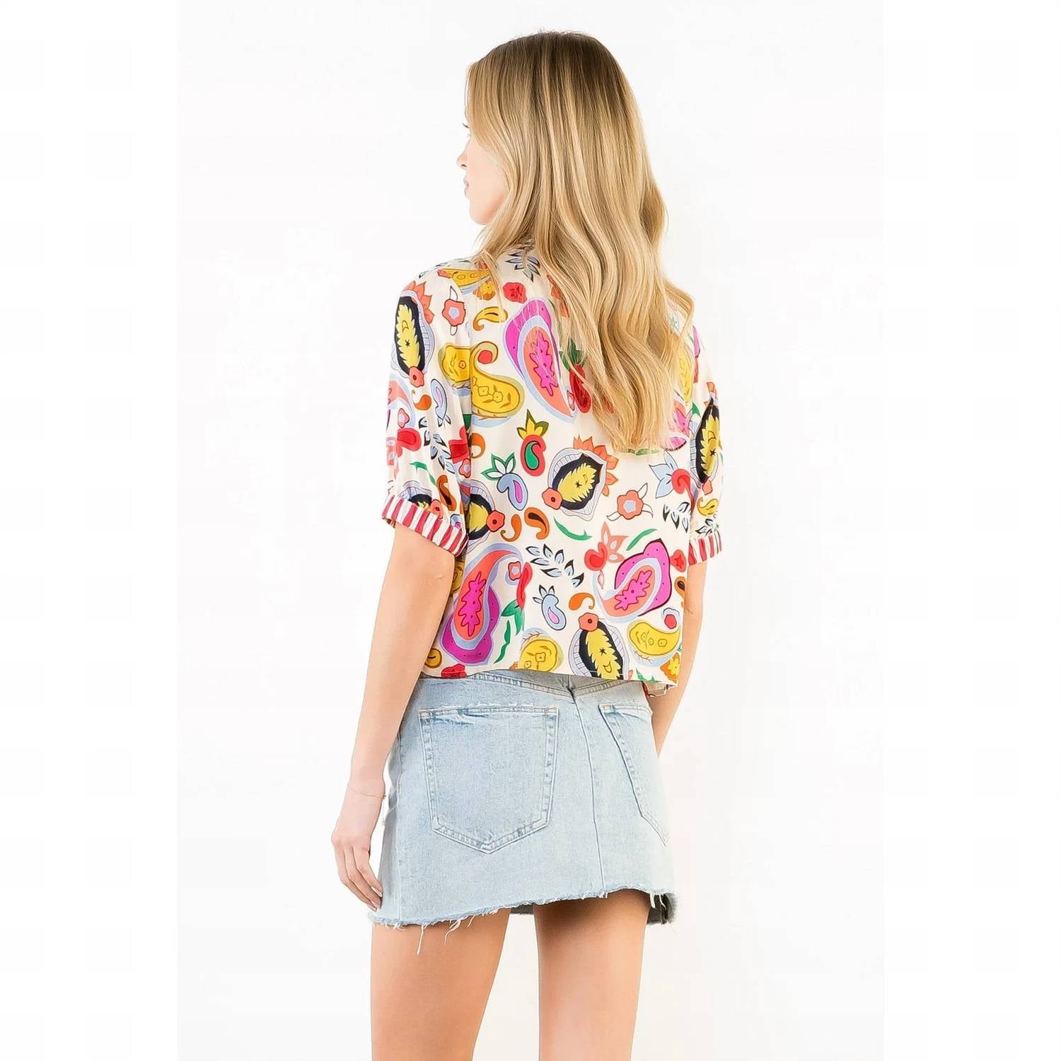 Thml - Printed V-Neck Button Stripe Cuff Top