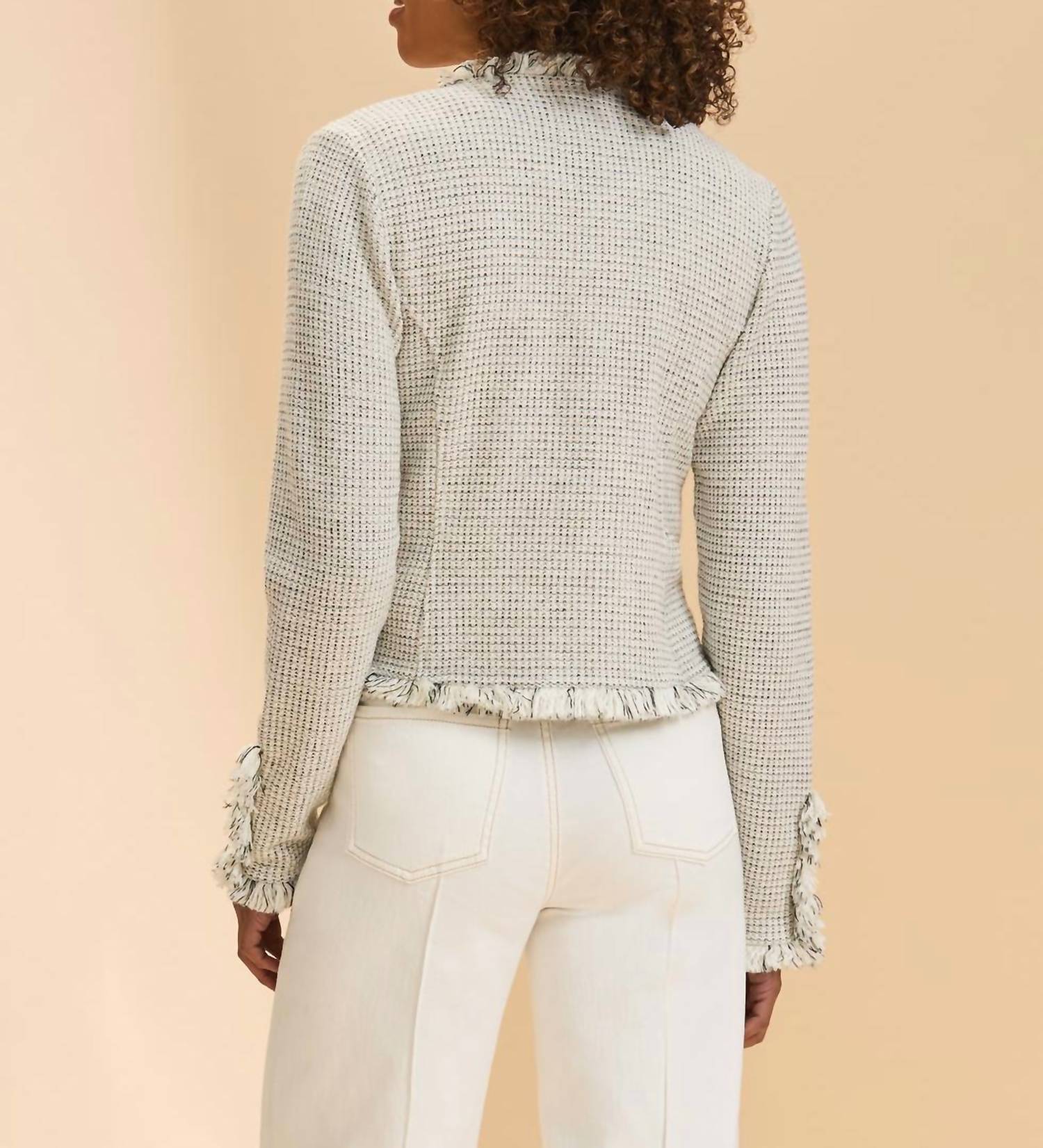 FDJ Knit Tweed Fray Trim Jacket in sand - women's jacket - detail view