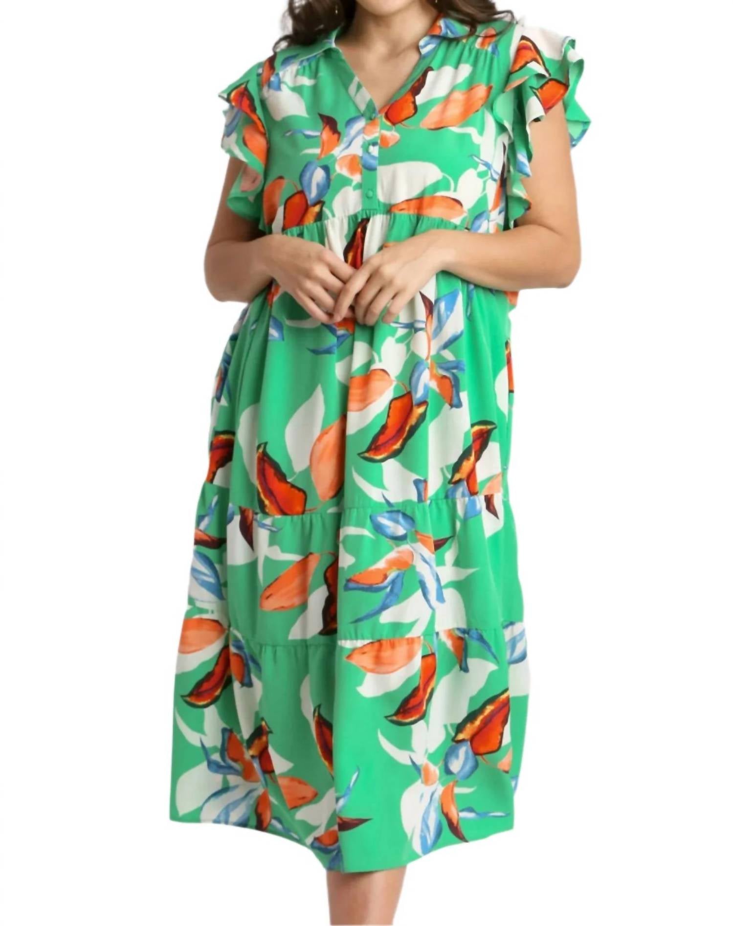 Umgee - Floral Print Collared Midi Dress