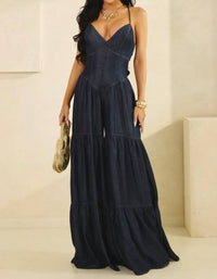 THE SANG Harlow V-neck Jumpsuit in blue - women's pants - detail view