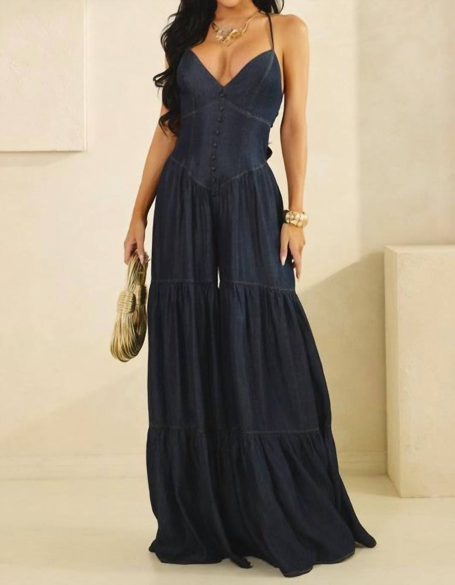 THE SANG Harlow V-neck Jumpsuit in blue - women's pants - detail view