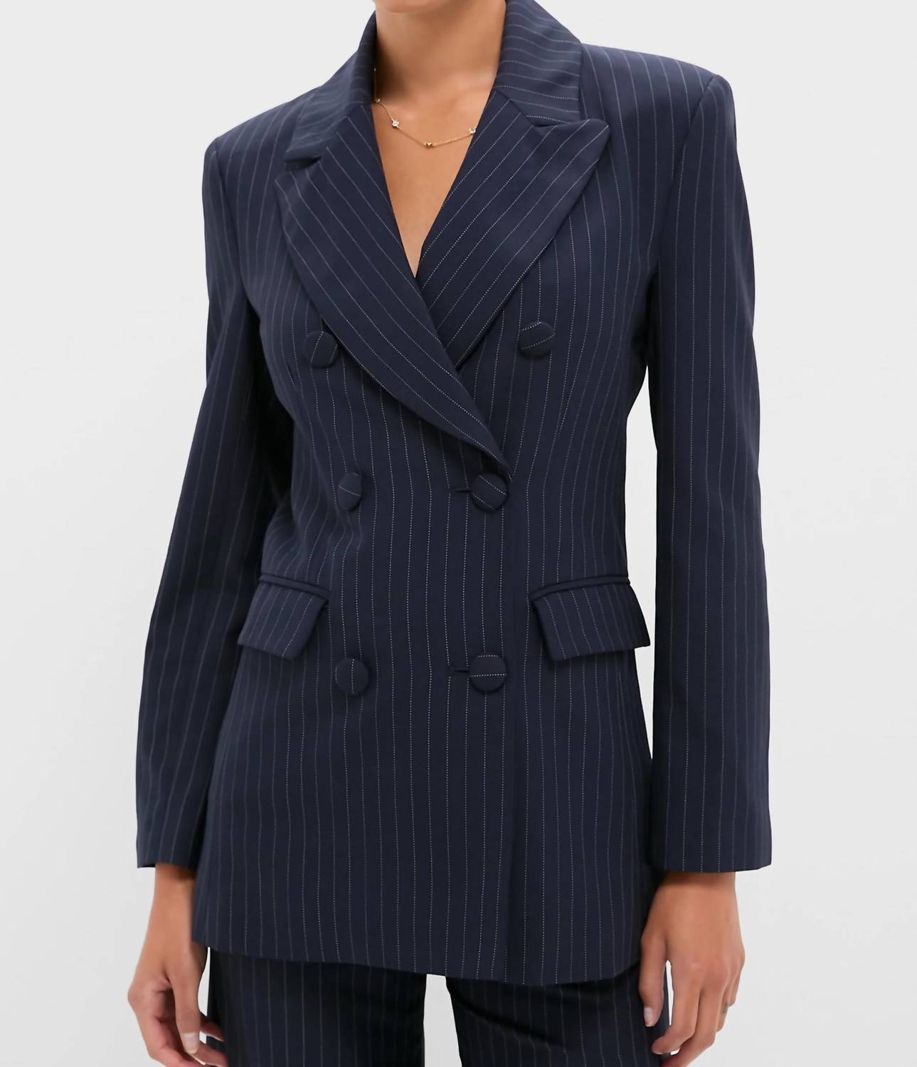 EMERSON FRY Strong Shoulder Blazer in navy pinstripe - women's jacket
