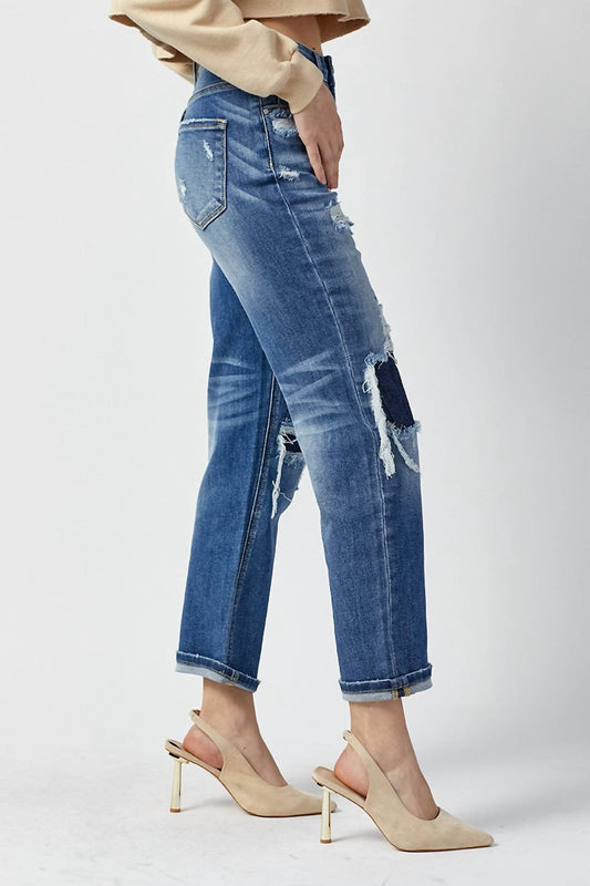 Risen - High Rise Patched Distressing Straight Leg Jeans