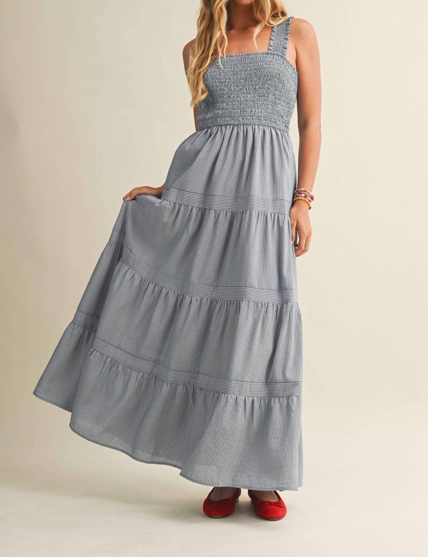 Mustard Seed Square Neck Smocked Tiered Maxi Dress in denim - women's dress - detail view