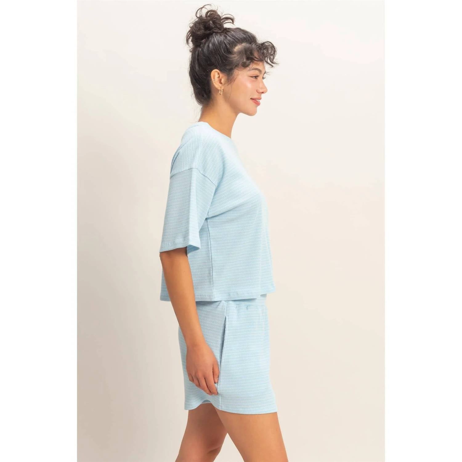 Hyfve - Striped Round Neck Ribbed Top And Shorts Set