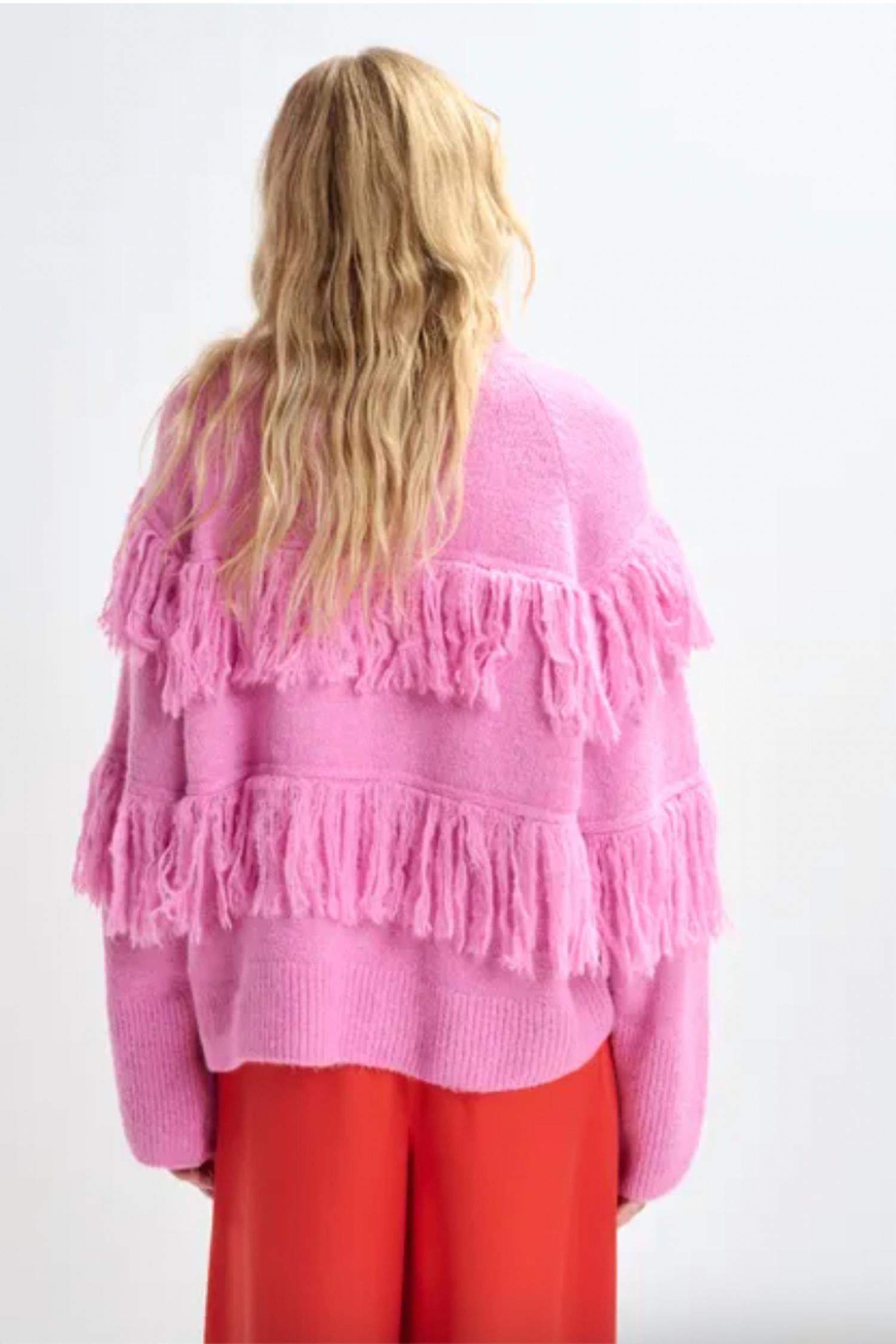ESSENTIEL ANTWERP Johns Pullover Sweater With Fringe in pinky sugar - women's sweater - detail view