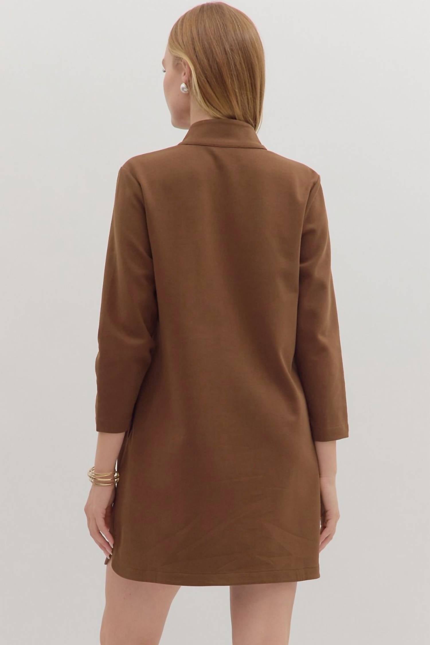 entro Solid Long Sleeve Mini Dress in brown - women's dress - alternate view