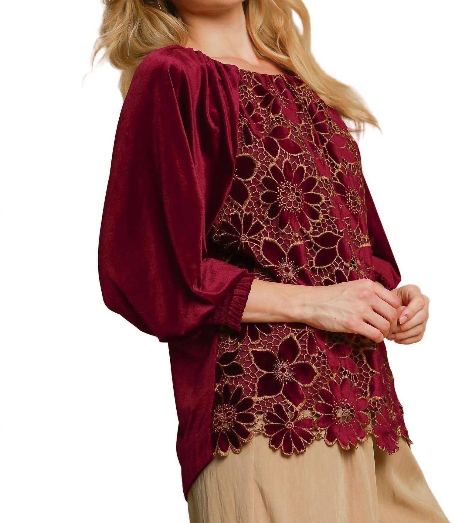 Umgee - Women's Floral Lace Velvet Top