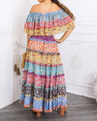 Surelymine - Boho Floral Ruffle Crop Top & Maxi Skirt Set