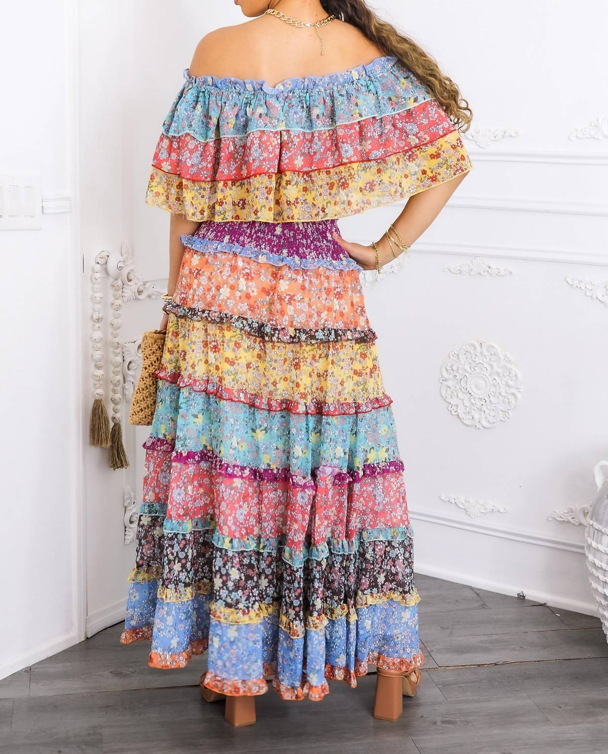 Surelymine - Boho Floral Ruffle Crop Top & Maxi Skirt Set