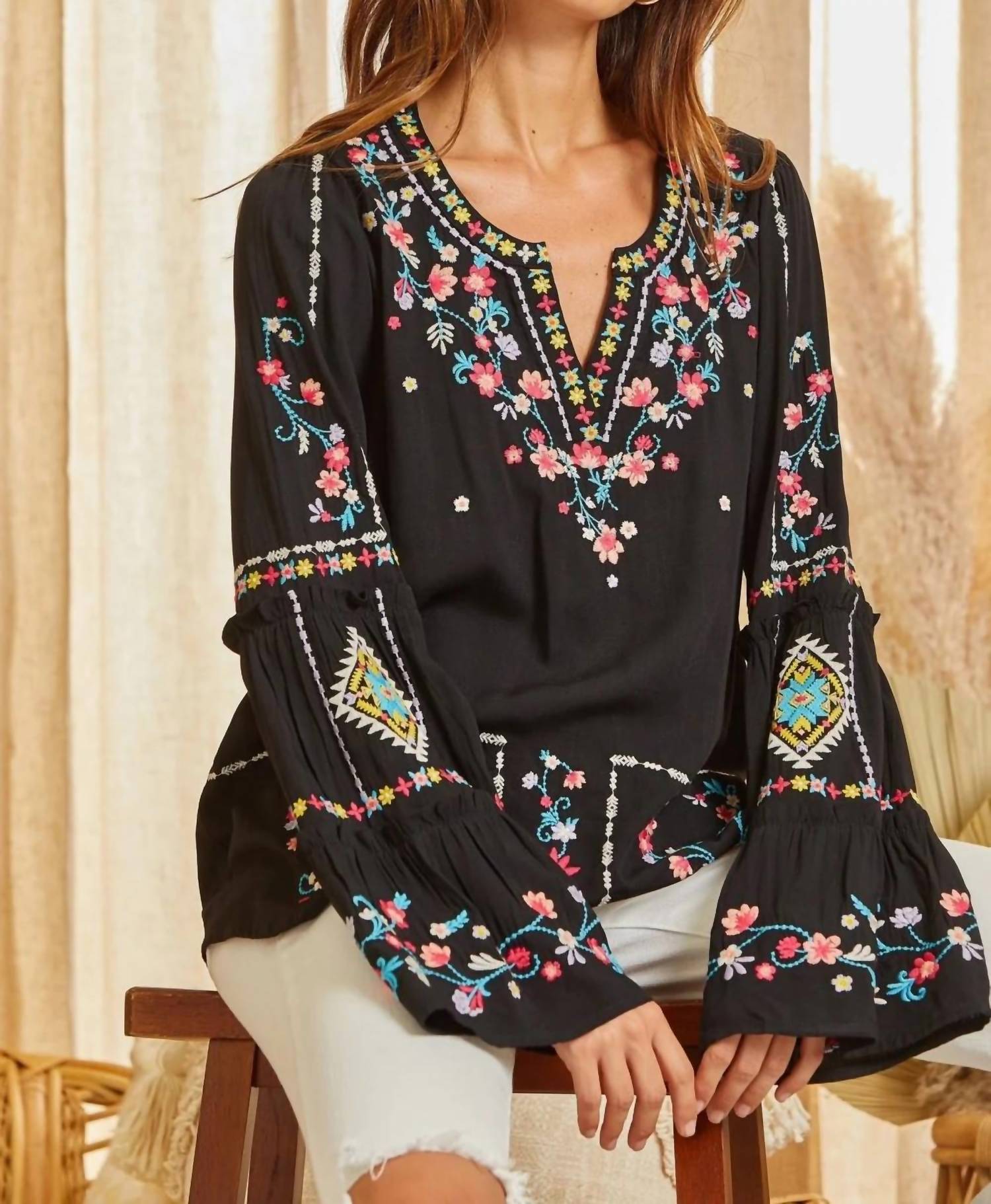 Andree By Unit - Embroidered Bell Sleeve Blouse