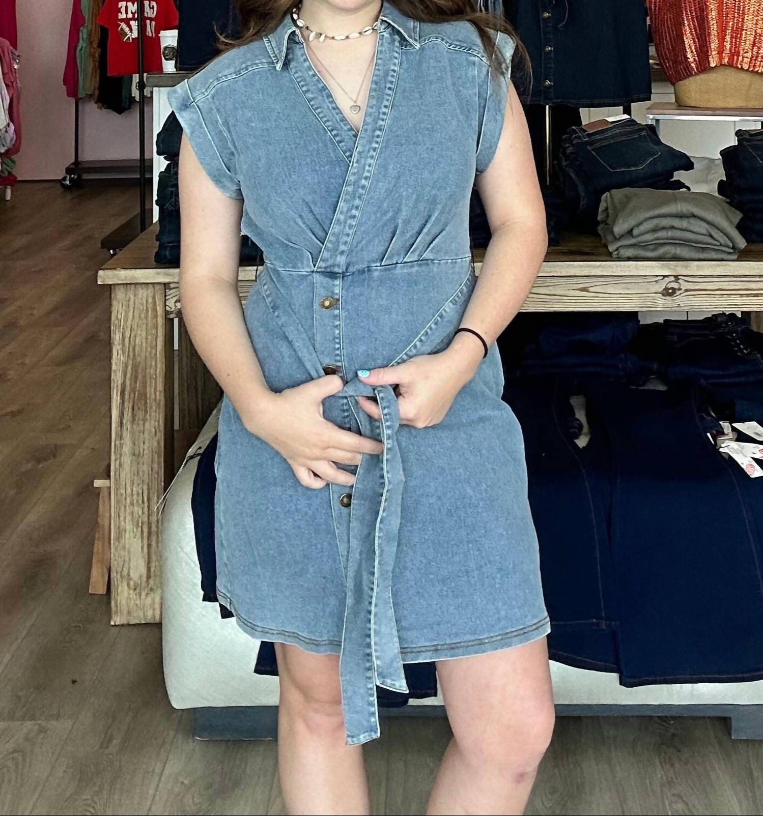 She + Sky - Short Sleeve Surplice V-neck Denim Mini Dress