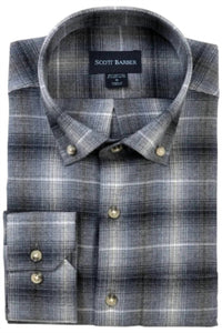 Scott Barber Men's Long Sleeve Ombre Plaid Shirt in navy heather - men's long sleeve top - detail view